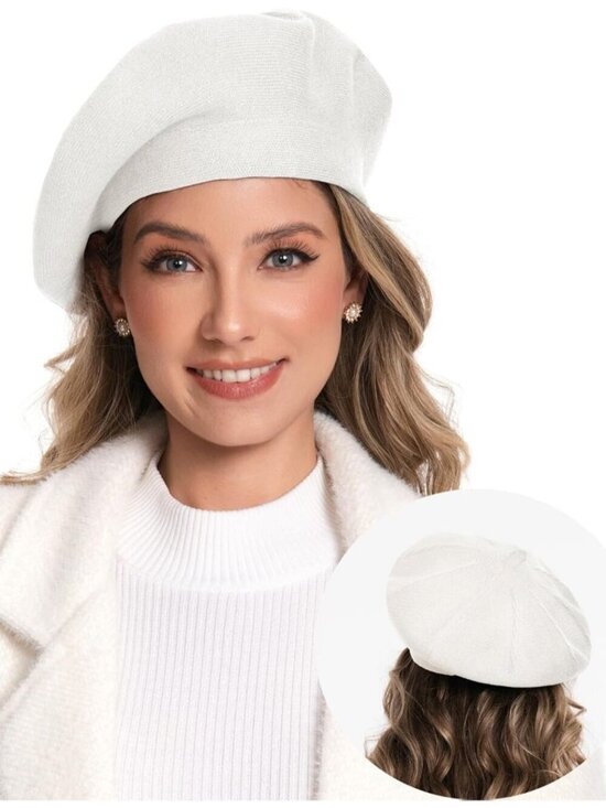 Women\'s French Style Double Layer Warm and Soft Knitted Beanie Hat White main image 5